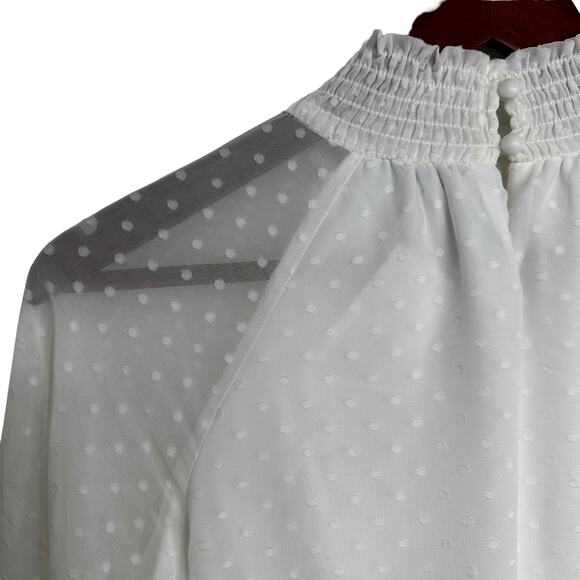 NWT TWO SISTERS White Piper Mini Dress Sz 2 Ruched Shirred Textured Polka Dot XS - Picture 9 of 16